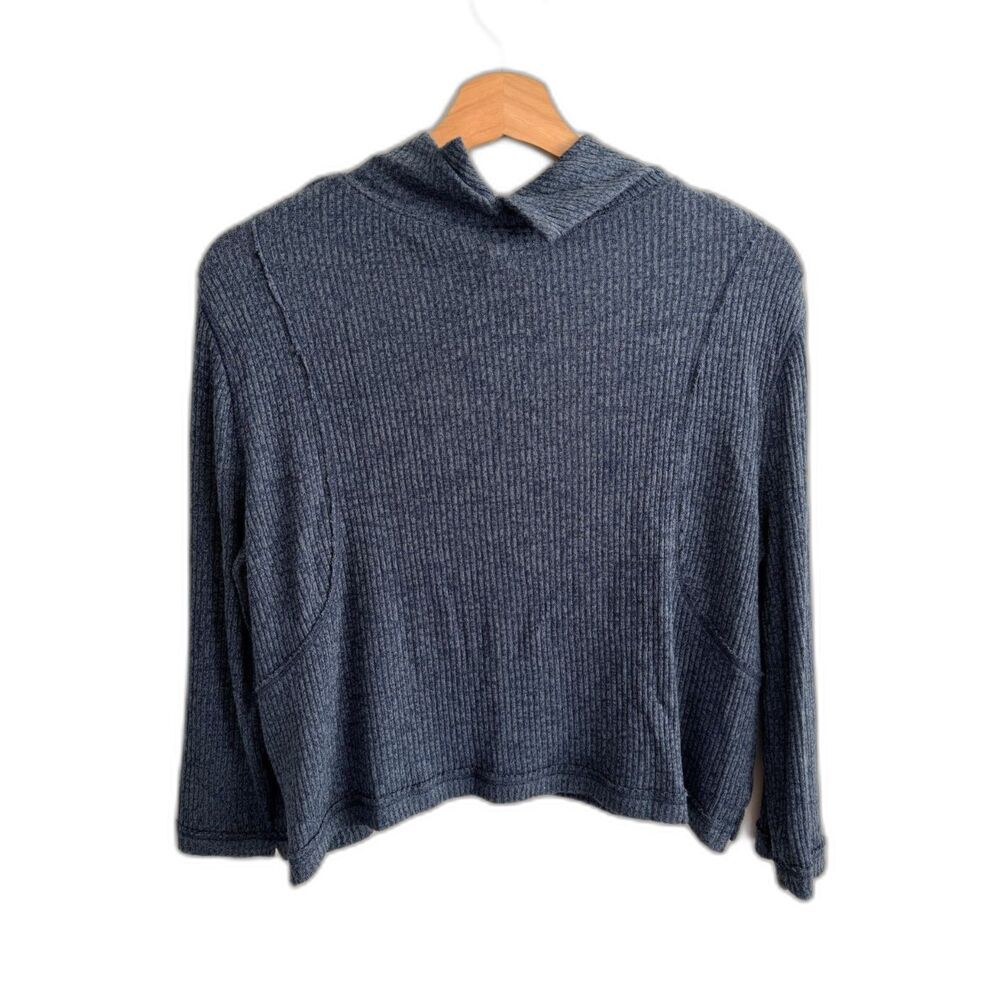 We The Free People Blue Ribbed Mock Neck Top Small 3/4 Long Sleeve Cropped Boho